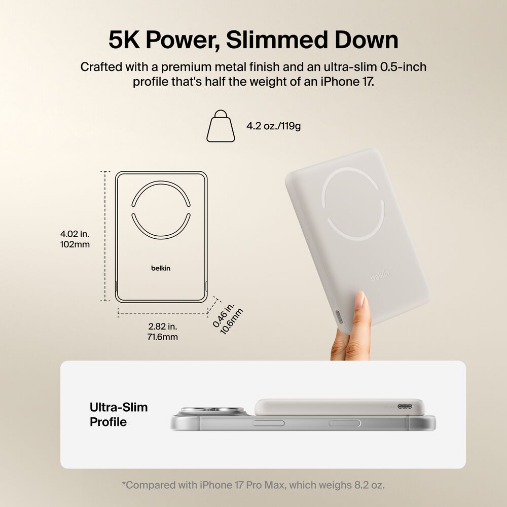 Slim Magnetic Power Bank 5K with Qi2, Sand, hi-res