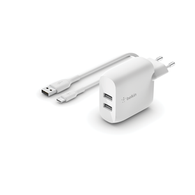 2-poorts USB-A-wandlader (24 W) + USB-A/USB-C&reg;-kabel, Wit, hi-res