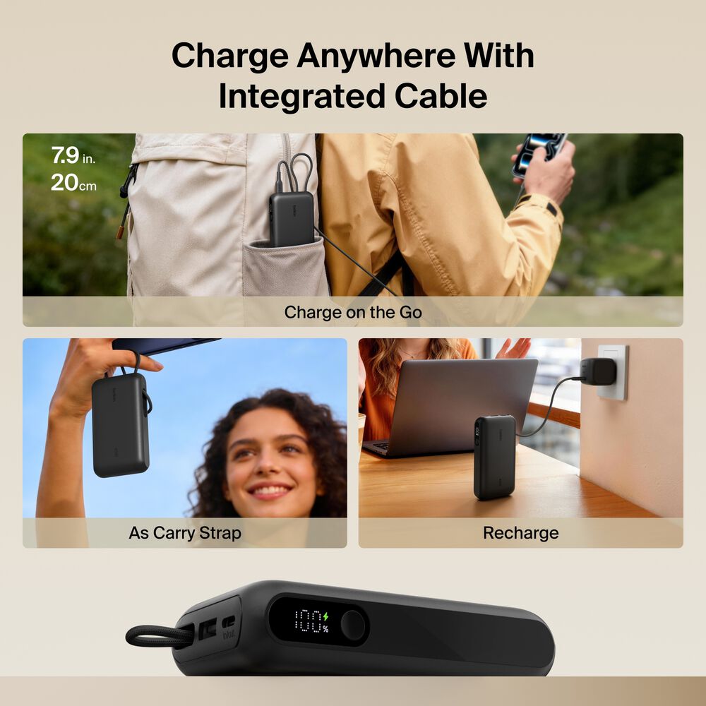 Power Bank 10K with Integrated Cable and Display, Black, hi-res