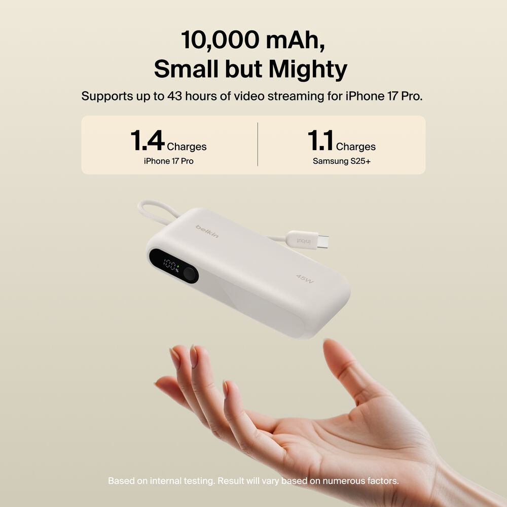 Power Bank 10K with Integrated Cable and Display, Sand, hi-res