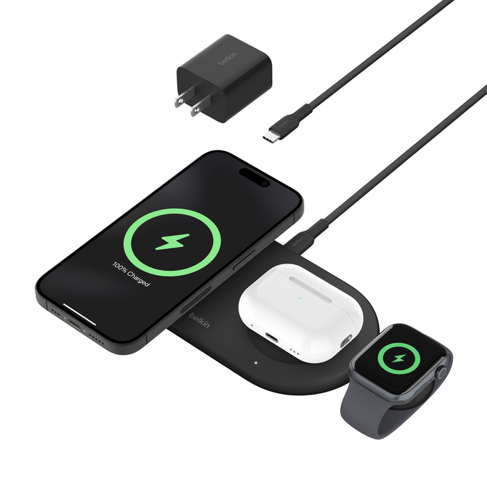 3 in 1 Magnetic Wireless Charging Pad with Qi2 MagSafe compatible Belkin US