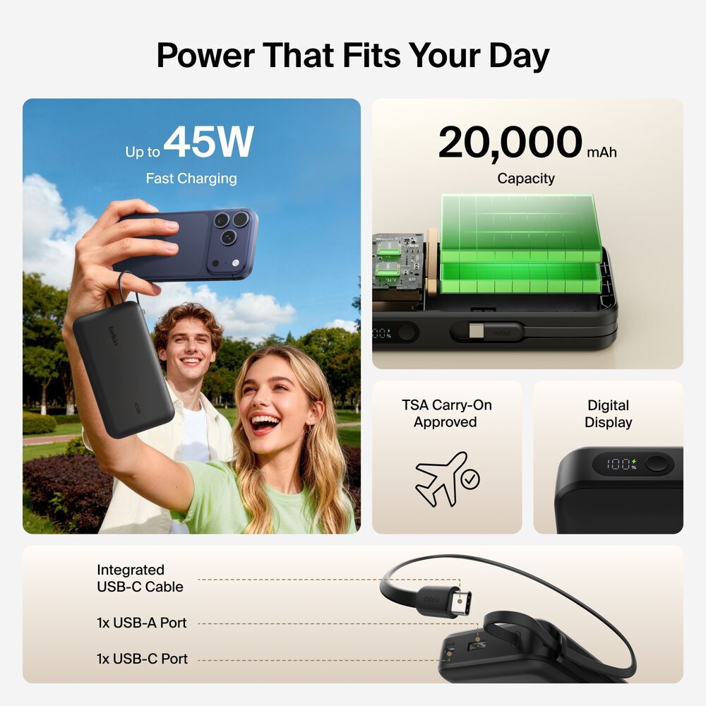 Power Bank 20K with Integrated Cable and Display, Black, hi-res