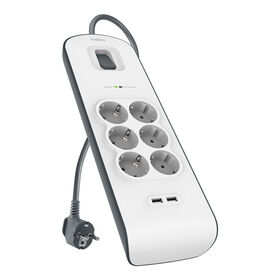Regleta de protección contra sobretensiones con 6 enchufes y 2 puertos USB (2,4 A)