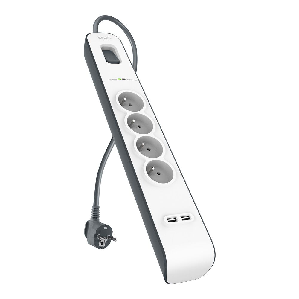 4fach &Uuml;berspannungsschutz-Steckdosenleiste mit USB-Anschl&uuml;ssen (2,4 A), White/Gray, hi-res