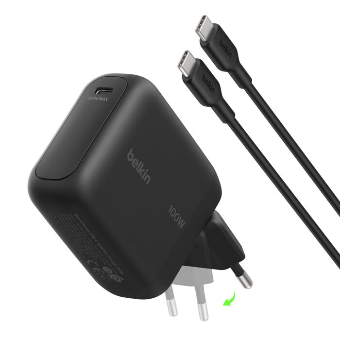 Belkin BoostCharge 100W USB-C GaN Wall Charger with USB-C cable in black