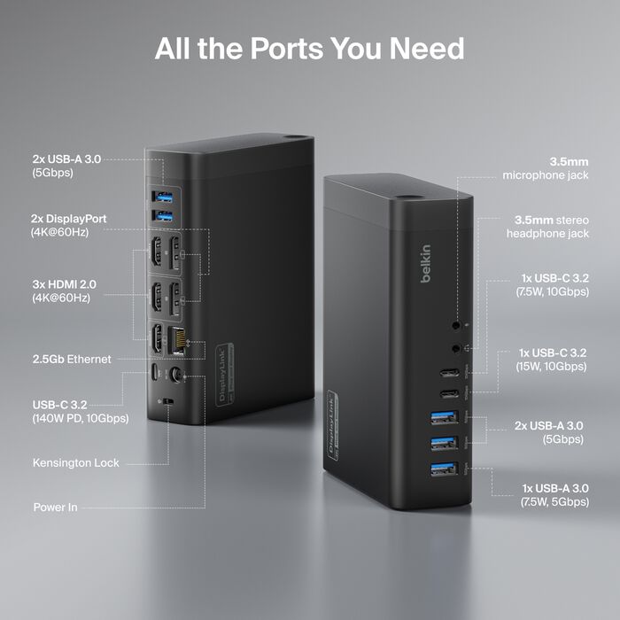 Belkin Universal 16-Port Triple Display USB-C Dock connected to workplace devices