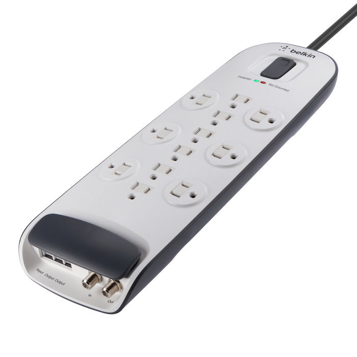 12-outlet Surge Protector with 8 ft Power Cord with Cable/Satellite and Telephone Protection, White, hi-res