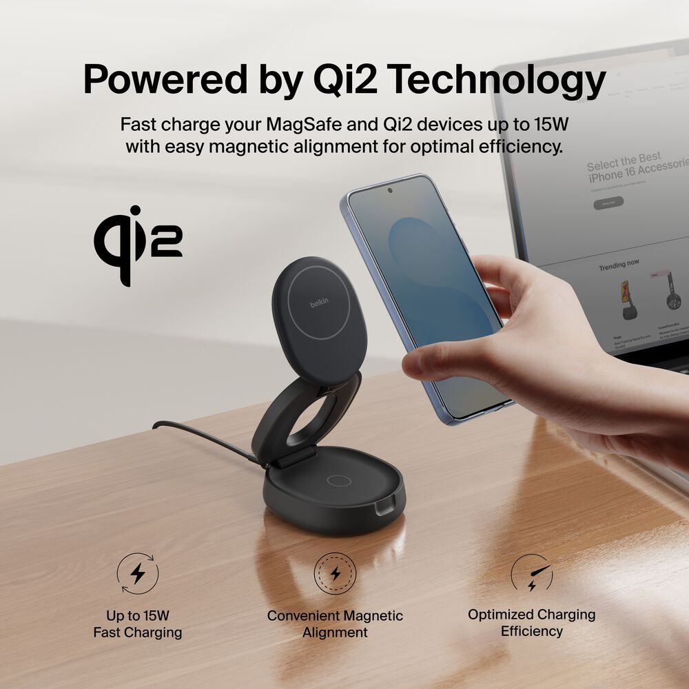 2-in-1 Convertible Magnetic Charging Stand with Qi2 15W, Black, hi-res