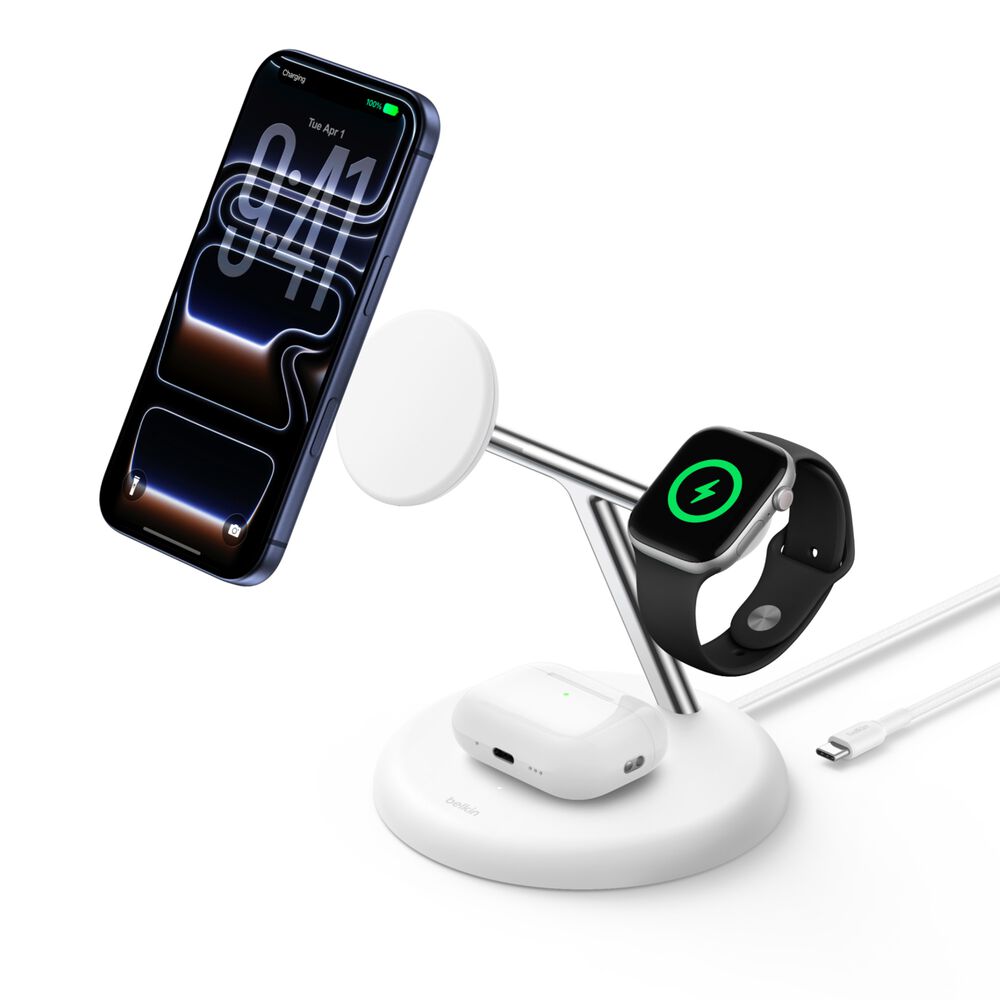 Supporto di ricarica wireless 3 in 1 con Qi2 da 25 W, Bianco, hi-res