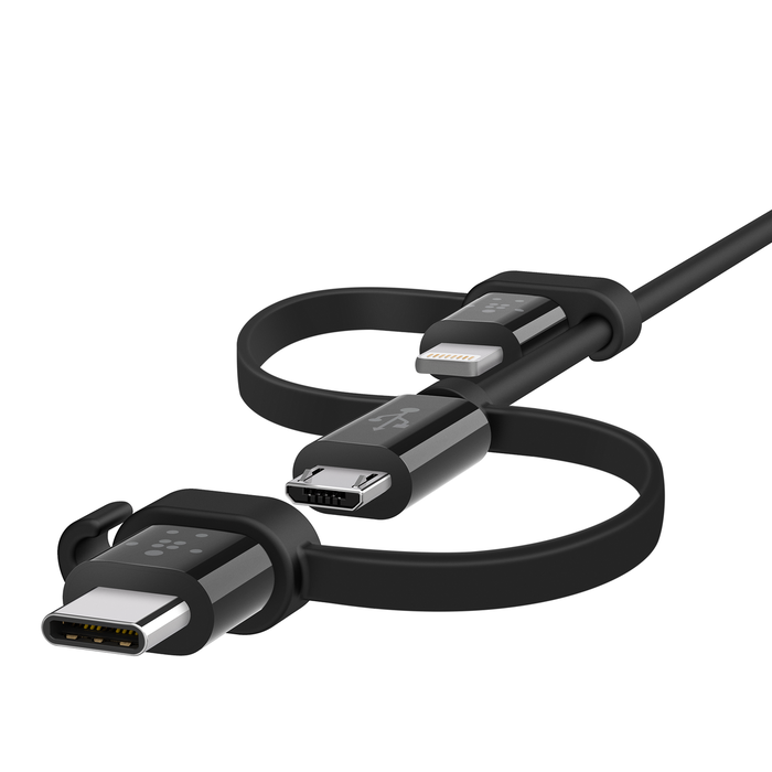 Universal Cable with Micro-USB, USB-C and Lightning Connectors, Black, hi-res