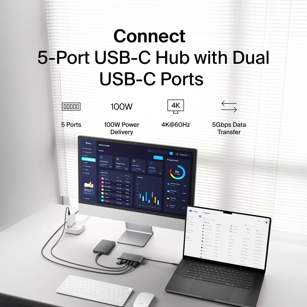 5-Port USB-C Hub with Dual USB-C Ports, Space Gray, hi-res