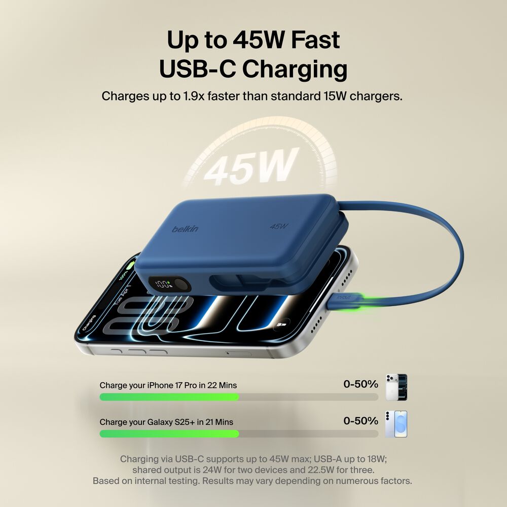 Power Bank 10K with Integrated Cable and Display, Blue, hi-res