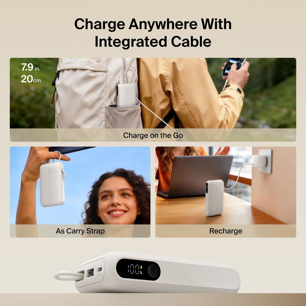 Power Bank 10K with Integrated Cable and Display, Sand, hi-res