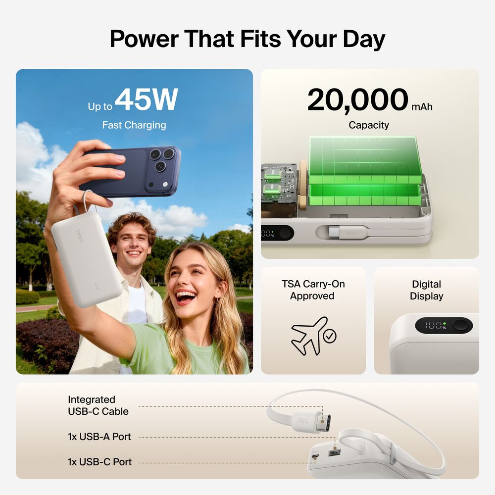 Power Bank 20K with Integrated Cable and Display, Sand, hi-res