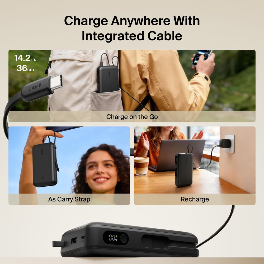 Power Bank 20K with Integrated Cable and Display, Black, hi-res