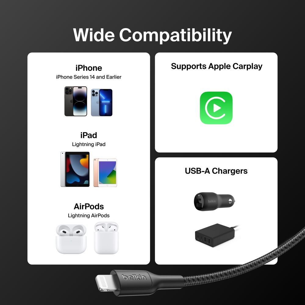 Braided USB-A Cable with Lightning Connector, 3.3ft/1m, Black, Black, hi-res