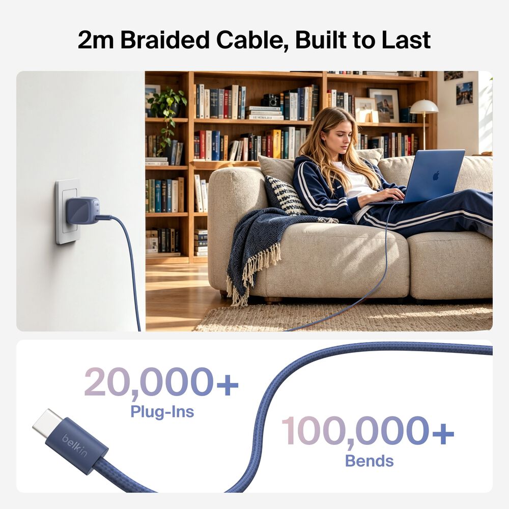 Compact USB-C Charger 30W + Braided USB-C Cable for MacBook Neo, Blue, hi-res