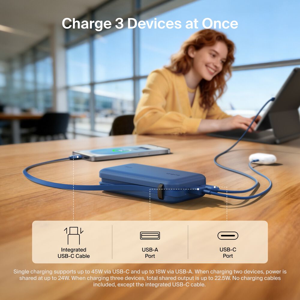 Power Bank 10K with Integrated Cable and Display, Blue, hi-res
