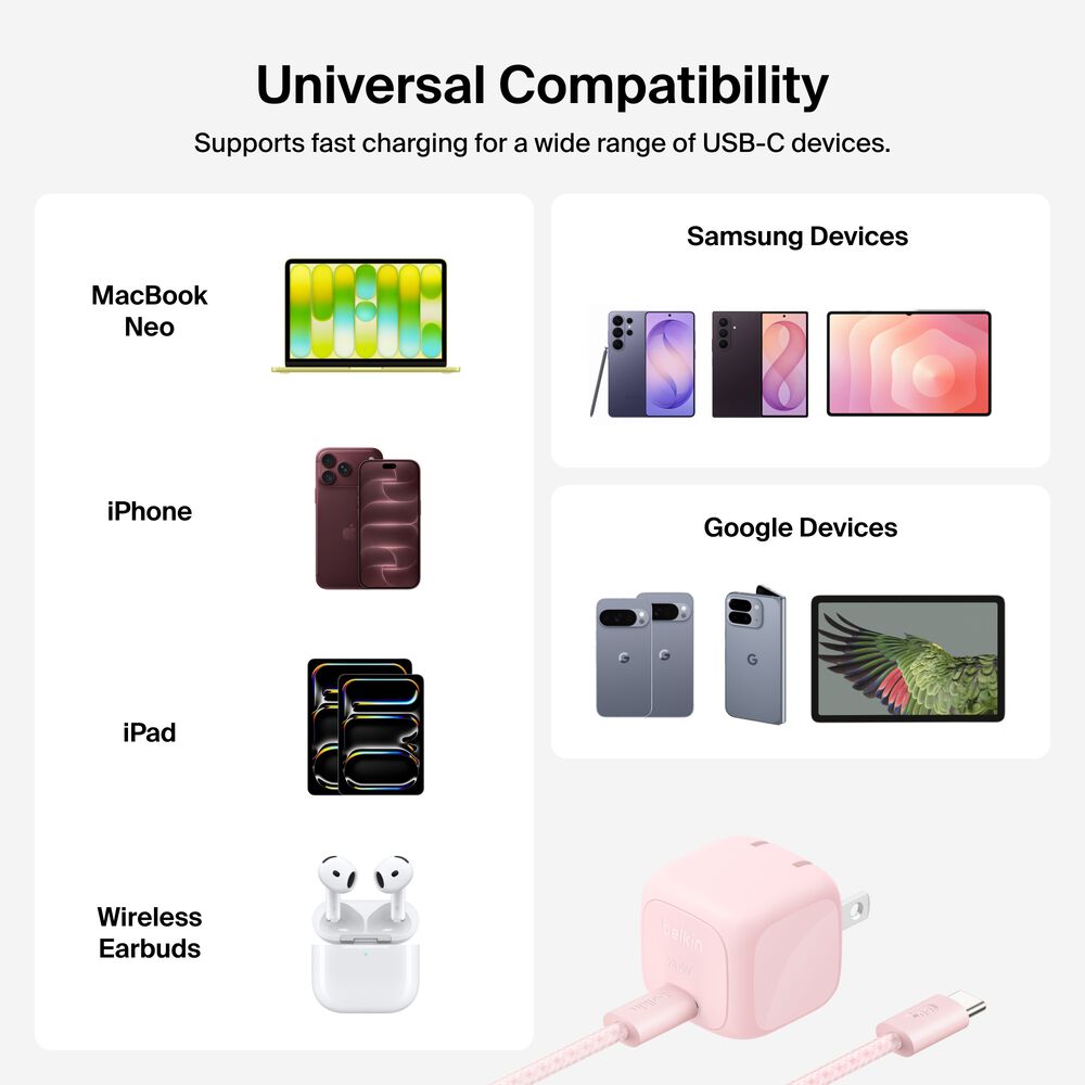 Compact USB-C Charger 30W + Braided USB-C Cable for MacBook Neo, Pink, hi-res