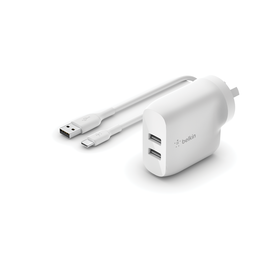 Dual USB-A Wall Charger 24W  + USB-A to USB-C cable, White, hi-res