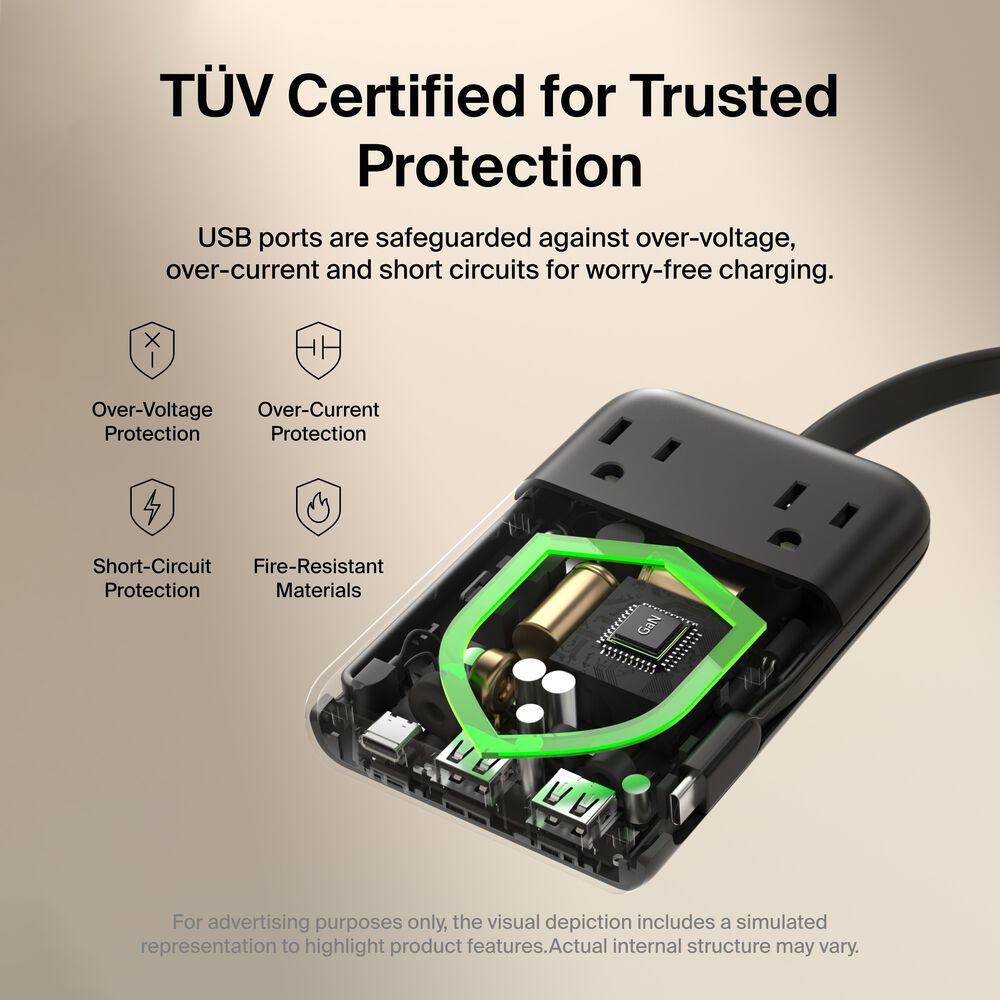 2-Outlet Charging Station with USB Ports and USB-C Cable 70W, Black, hi-res