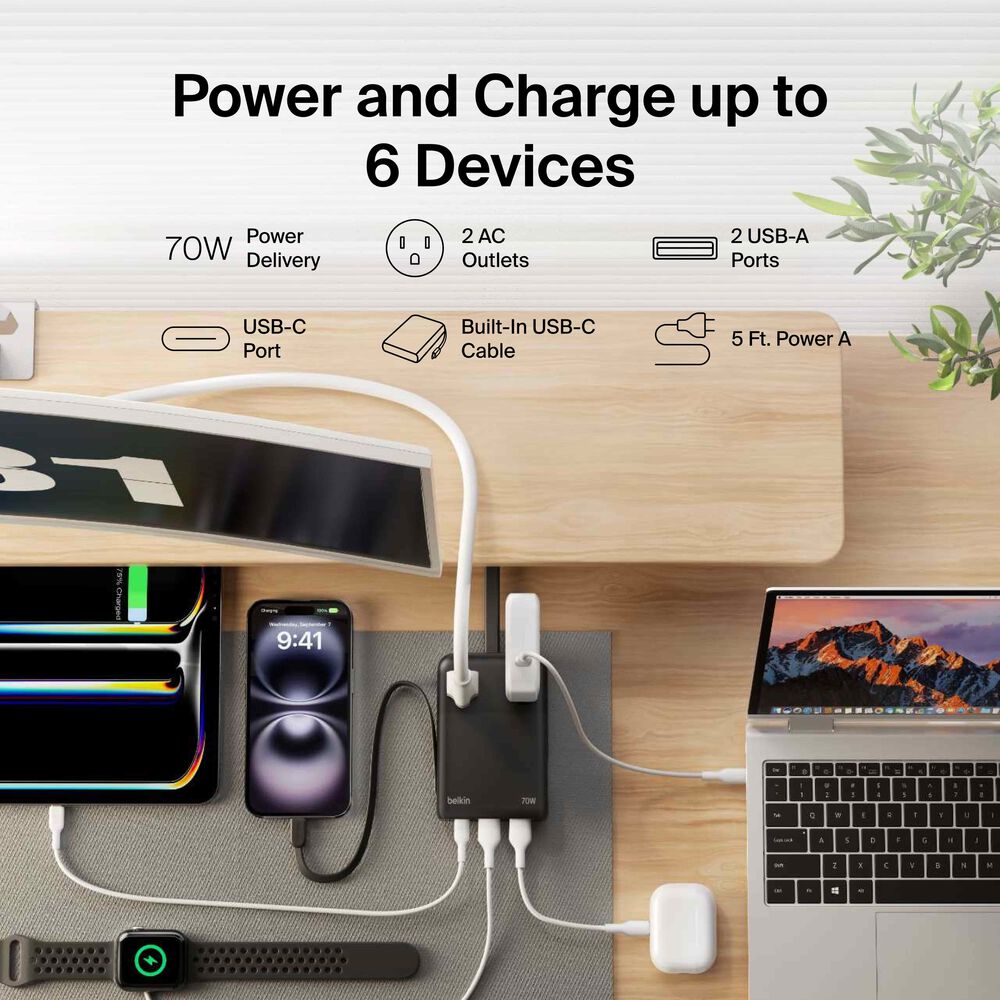2-Outlet Charging Station with USB Ports and USB-C Cable 70W, Black, hi-res
