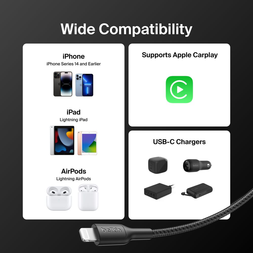 USB-C Braided Cable with Lightning Connector, 3.3ft/1m, Black, Black, hi-res