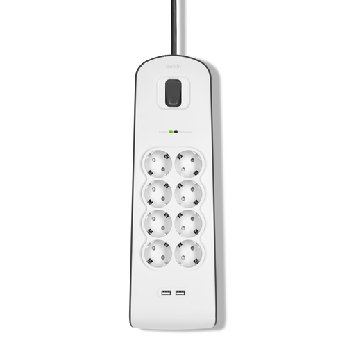 Spanningsbeveiliger met 8 stopcontacten en USB-laadpoorten (2,4 A)