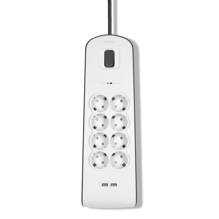 Spanningsbeveiliger met 8 stopcontacten en USB-laadpoorten (2,4 A), White/Gray, hi-res