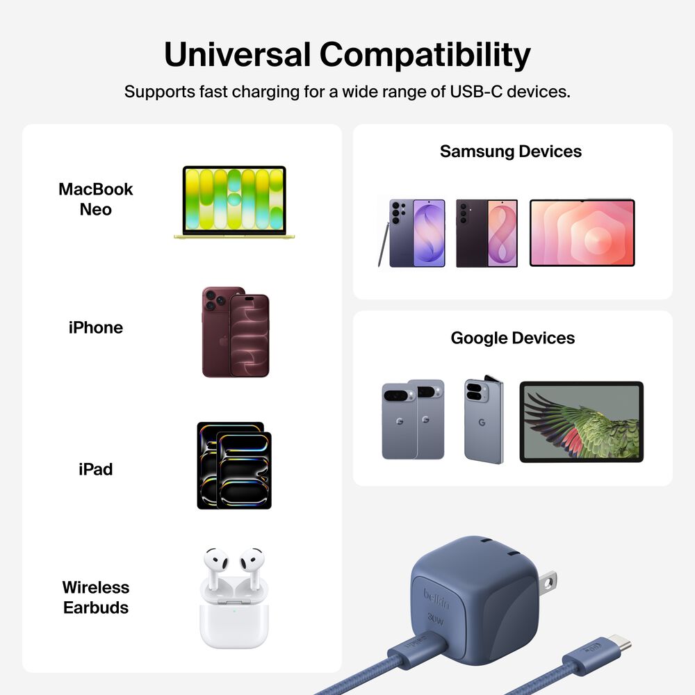 Compact USB-C Charger 30W + Braided USB-C Cable for MacBook Neo, Blue, hi-res