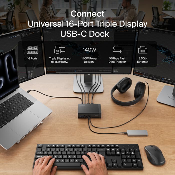 Belkin INC029 docking station in a triple-display workstation