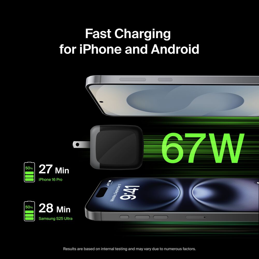 Dual USB-C GaN Wall Charger 67W, Black, hi-res