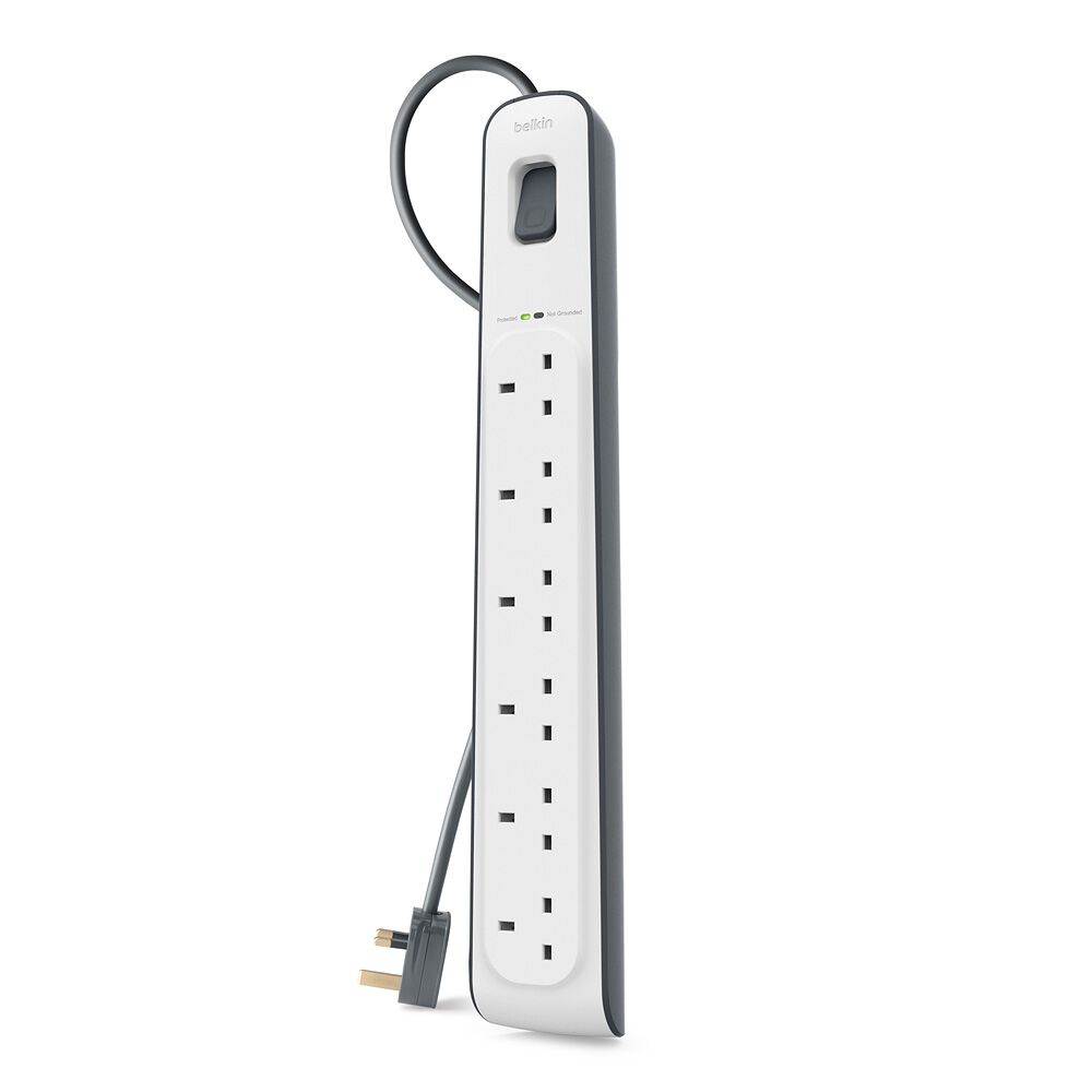 6-outlet Surge Protection Strip with 2M Power Cord, White/Gray, hi-res