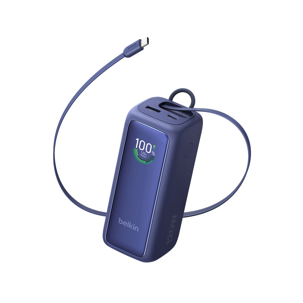 Power Bank 22K with Retractable Cable, Blue, hi-res