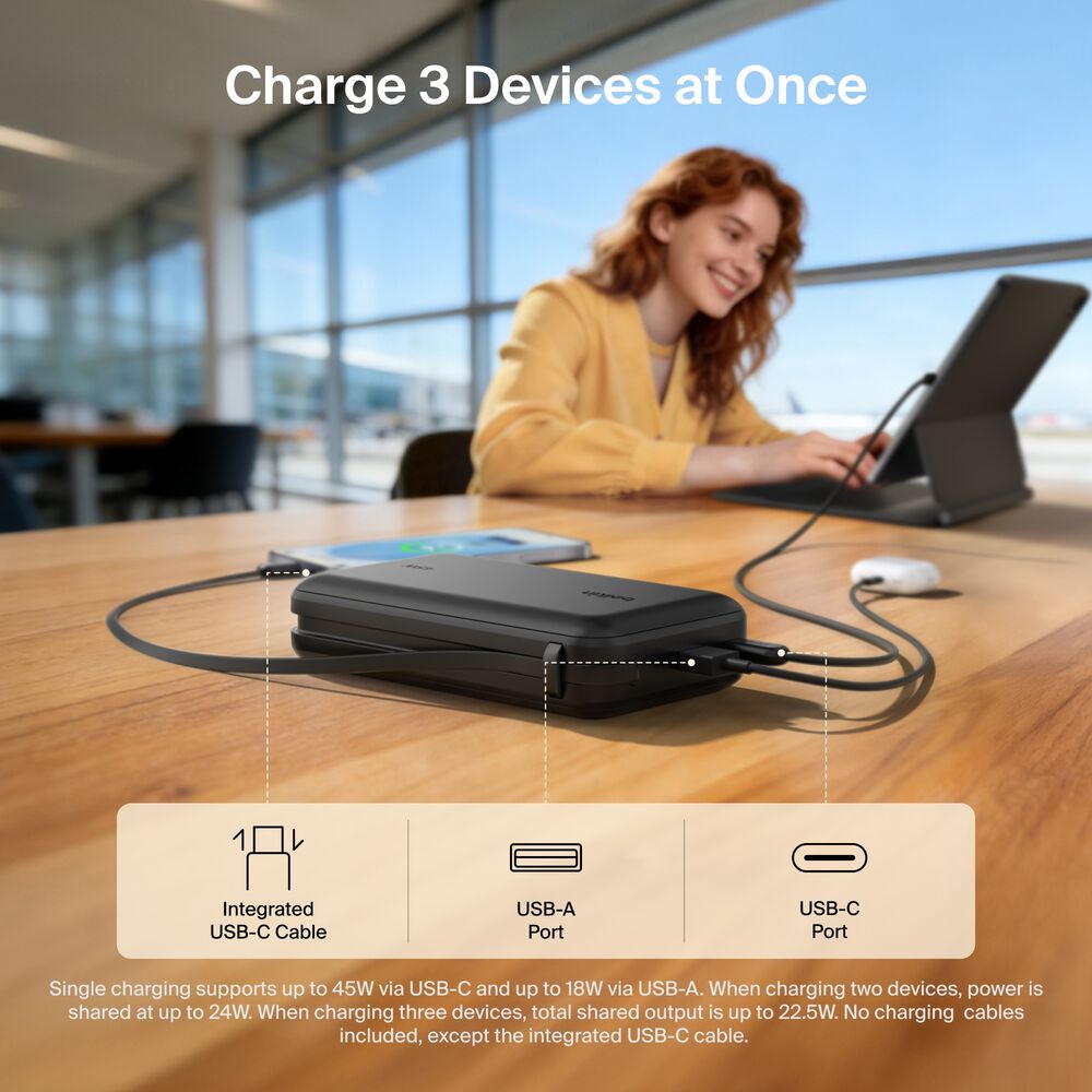 Power Bank 20K with Integrated Cable and Display, Black, hi-res