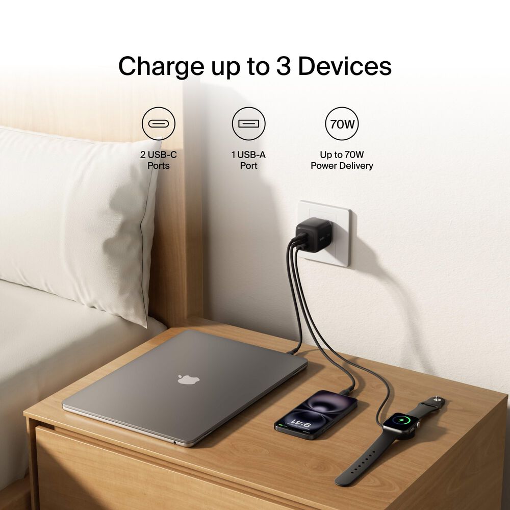 3-Port GaN Wall Charger 70W, Black, hi-res