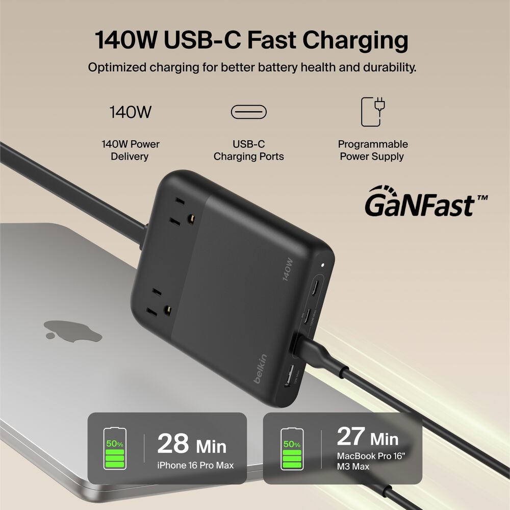 2-Outlet Charging Station with USB-A and 3 USB-C Ports 140W, Black, hi-res