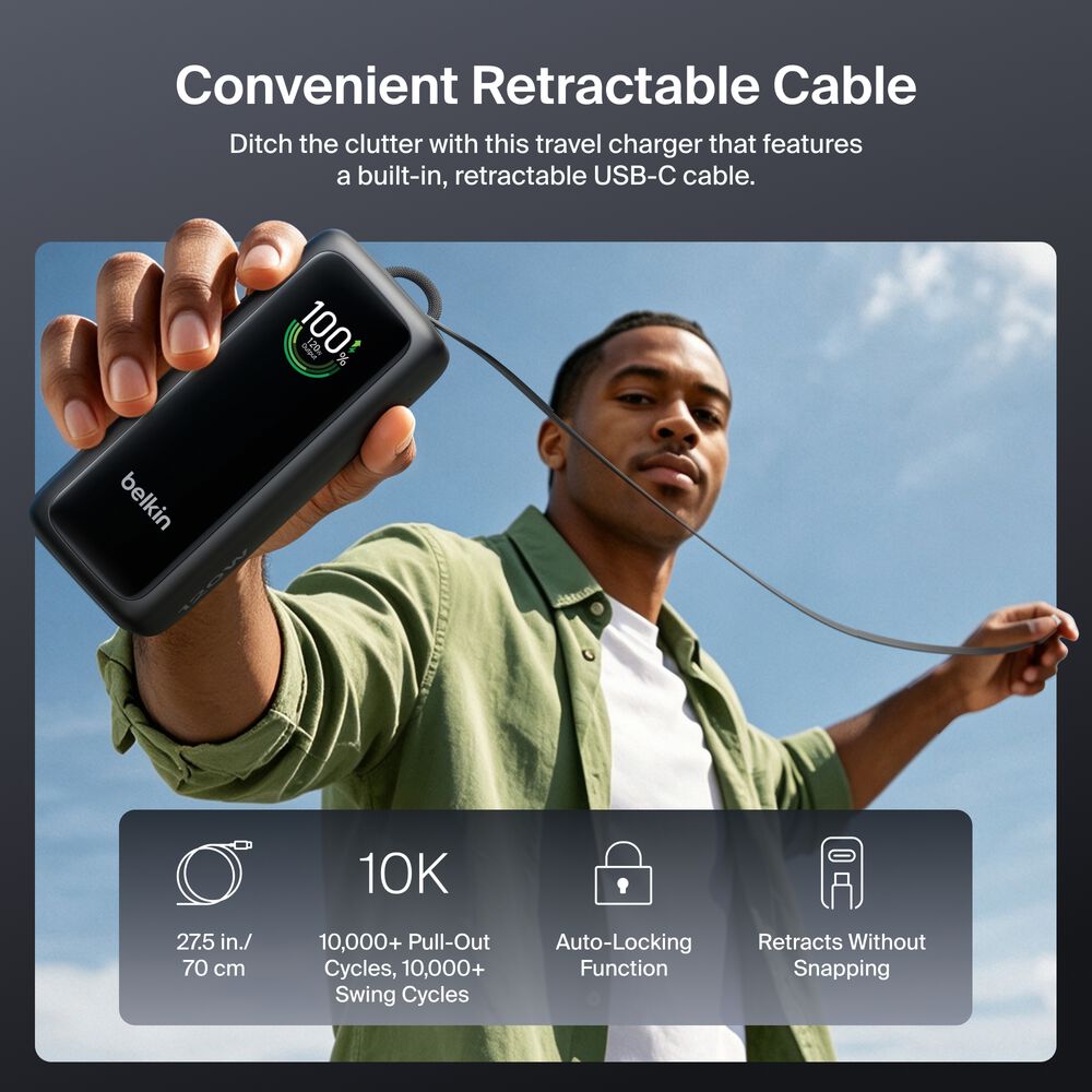 Power Bank 22K with Retractable Cable, Black, hi-res