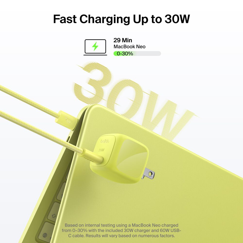 Compact USB-C Charger 30W + Braided USB-C Cable for MacBook Neo, Citrus Yellow, hi-res