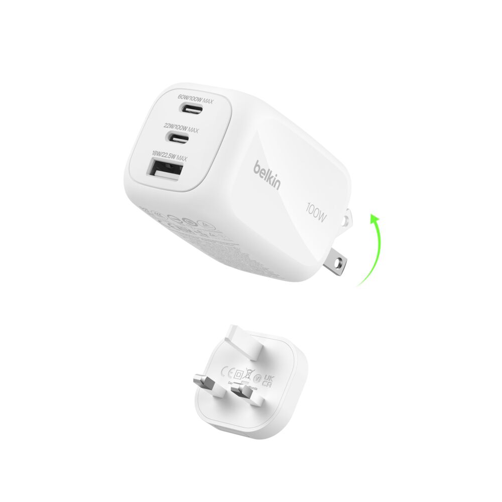 3-Port GaN Wall Charger 100W + International Plug Tip, 白色的, hi-res