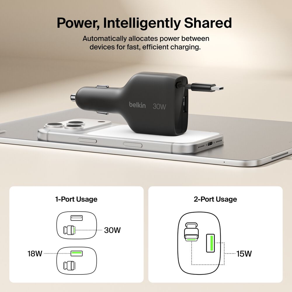 Retractable Car Charger 30W, Black, hi-res