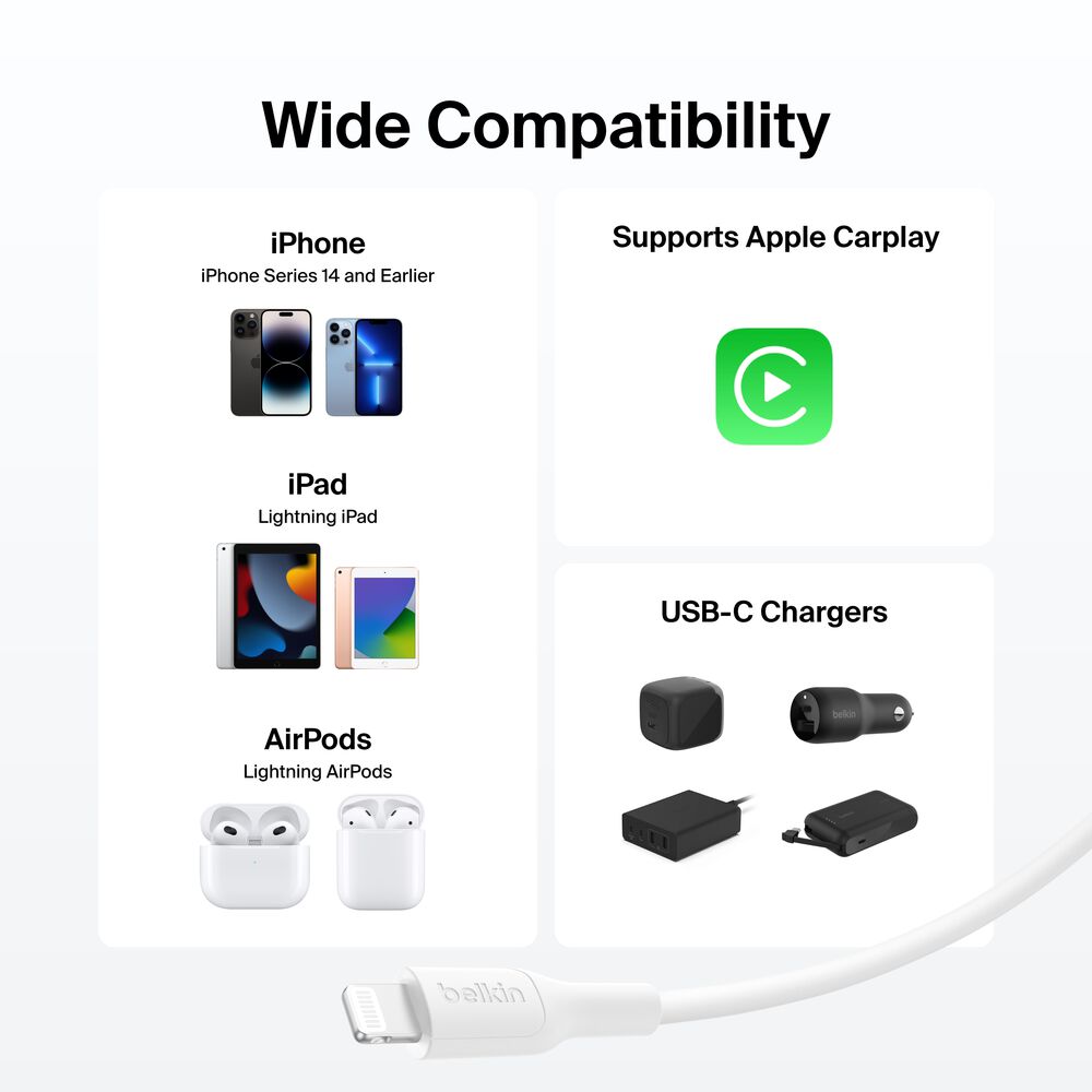 USB-C Braided Cable with Lightning Connector, 6.6ft/2m, White, White, hi-res