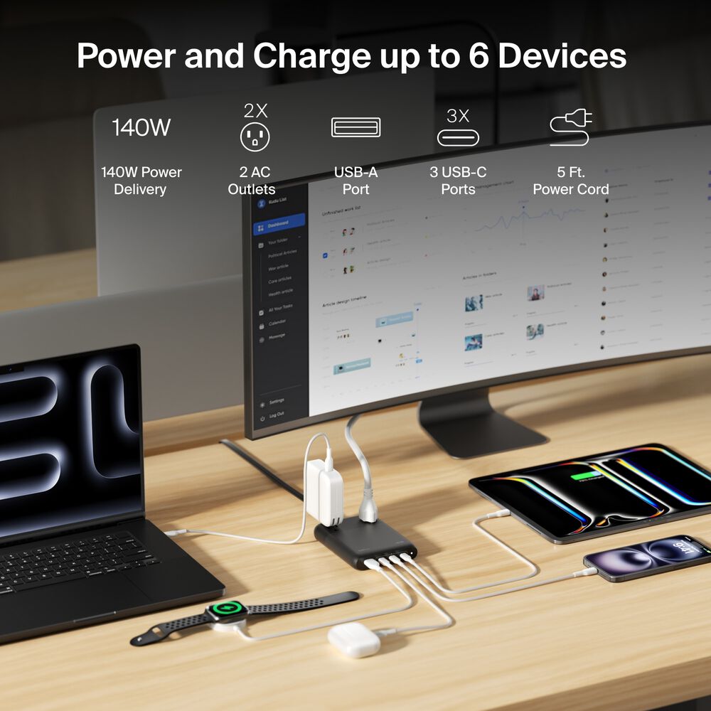 2-Outlet Charging Station with USB-A and 3 USB-C Ports 140W, Black, hi-res