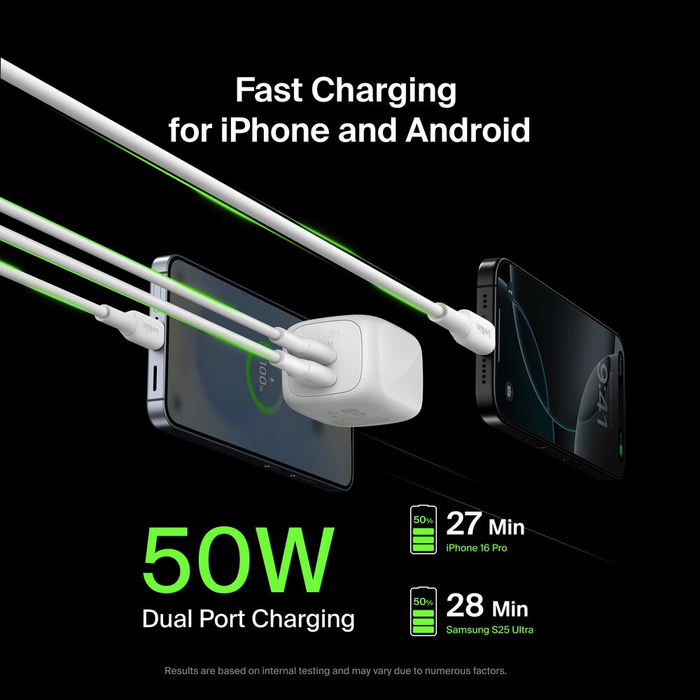 Dual USB-C GaN Wall Charger 50W, , hi-res