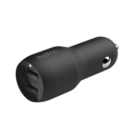 Dual USB-A Car Charger 24W + USB-A to Lightning Cable, Black, hi-res