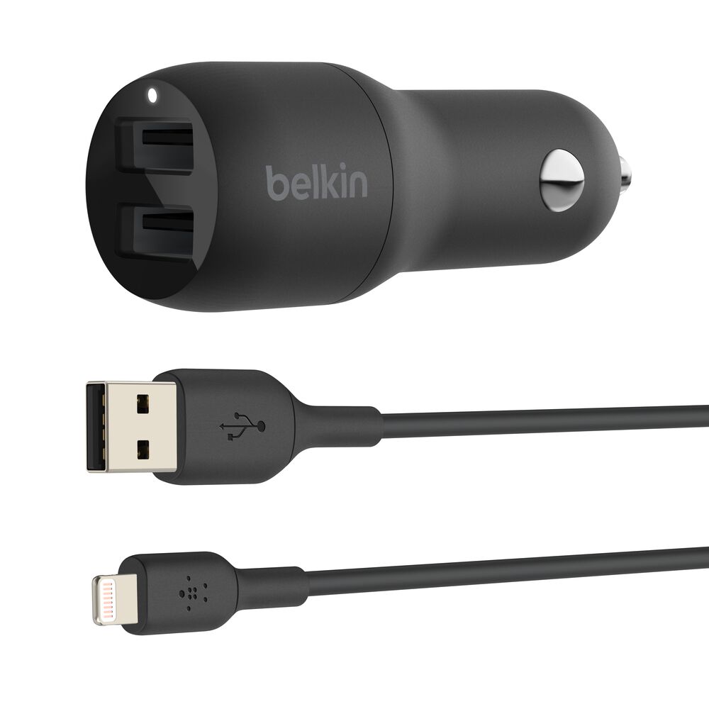 24W Dual USB-A Car Charger USB-A to Lightning Cable Belkin US