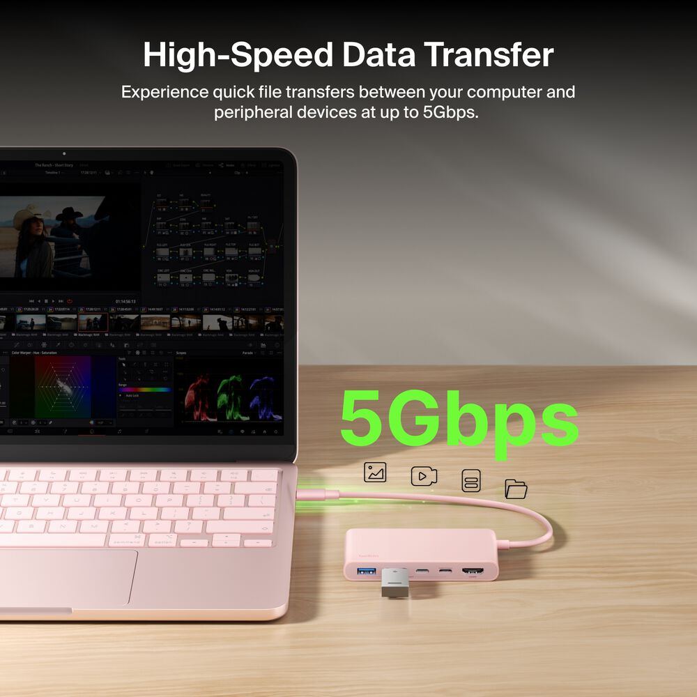 5-Port USB-C Hub with Dual USB-C Ports for MacBook Neo, Blush Pink, hi-res