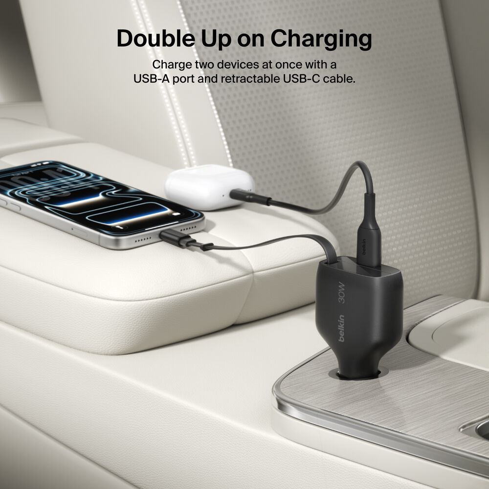 Retractable Car Charger 30W, Black, hi-res