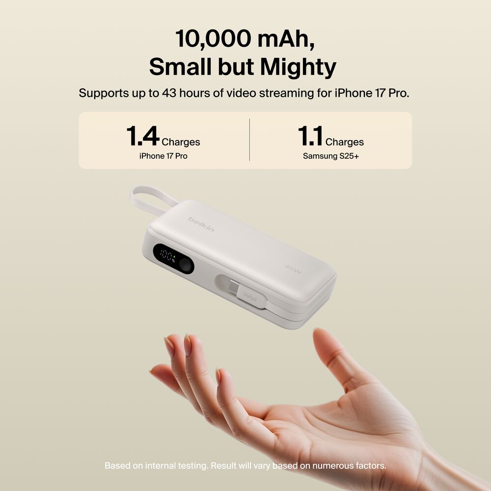 Power Bank 10K with Integrated Cable and Display, Sand, hi-res