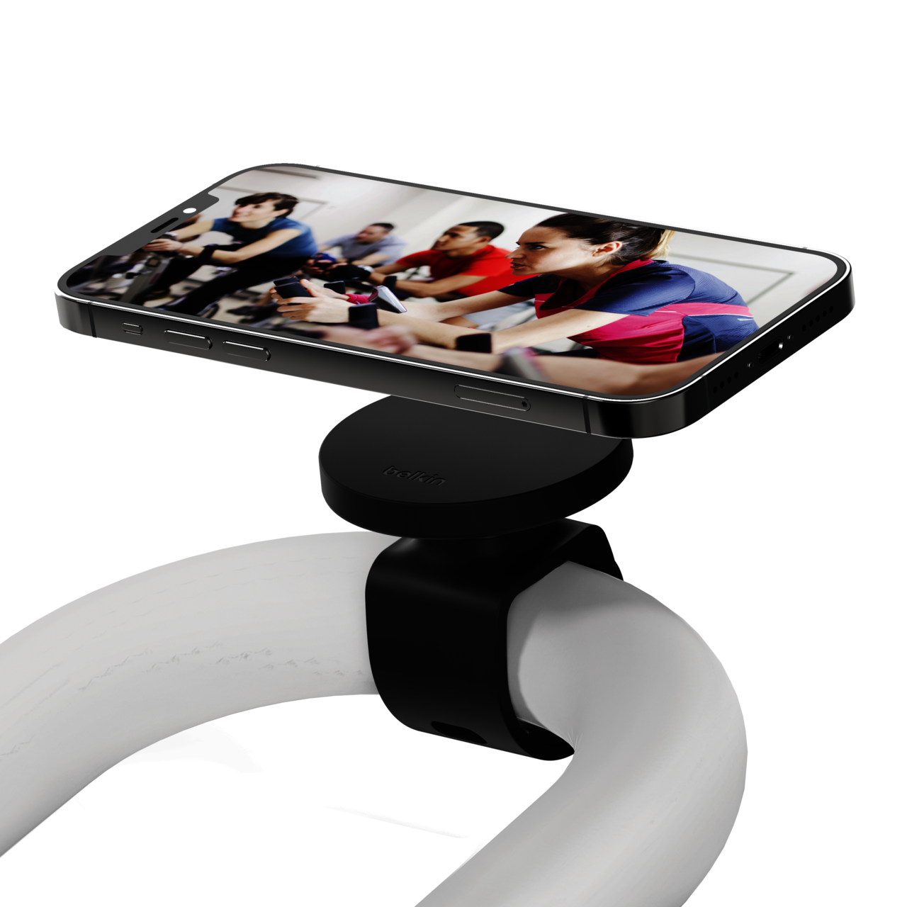 Belkin Fitness-Halterung mit MagSafe für Fitness-Studio-Geräte, magnetische Mobilgerät-Halterung, Lenkerschlaufe für Ergometer, Laufband, Spinning-Rad, Ellipsentrainer für die iPhone 12-Serie 